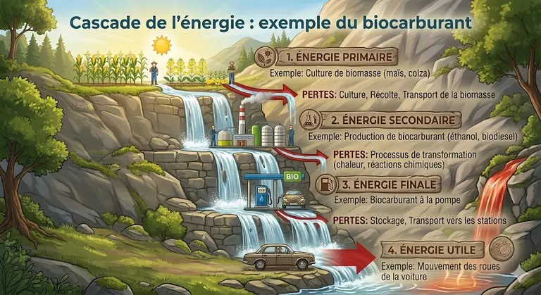 La cascade énergétique passant de l'énergie primaire à l'énergie utile